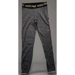 NIKE‎ Pro Dri-FIT Mid-Rise Leggings Gray With Gold Logo Women Size Small